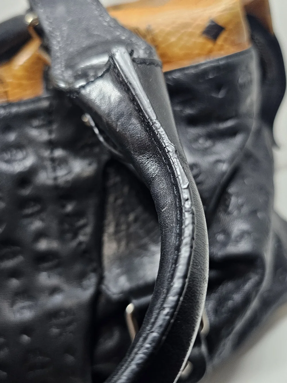 MCM Black Leather Duffel with Cognac Visetos Trim
